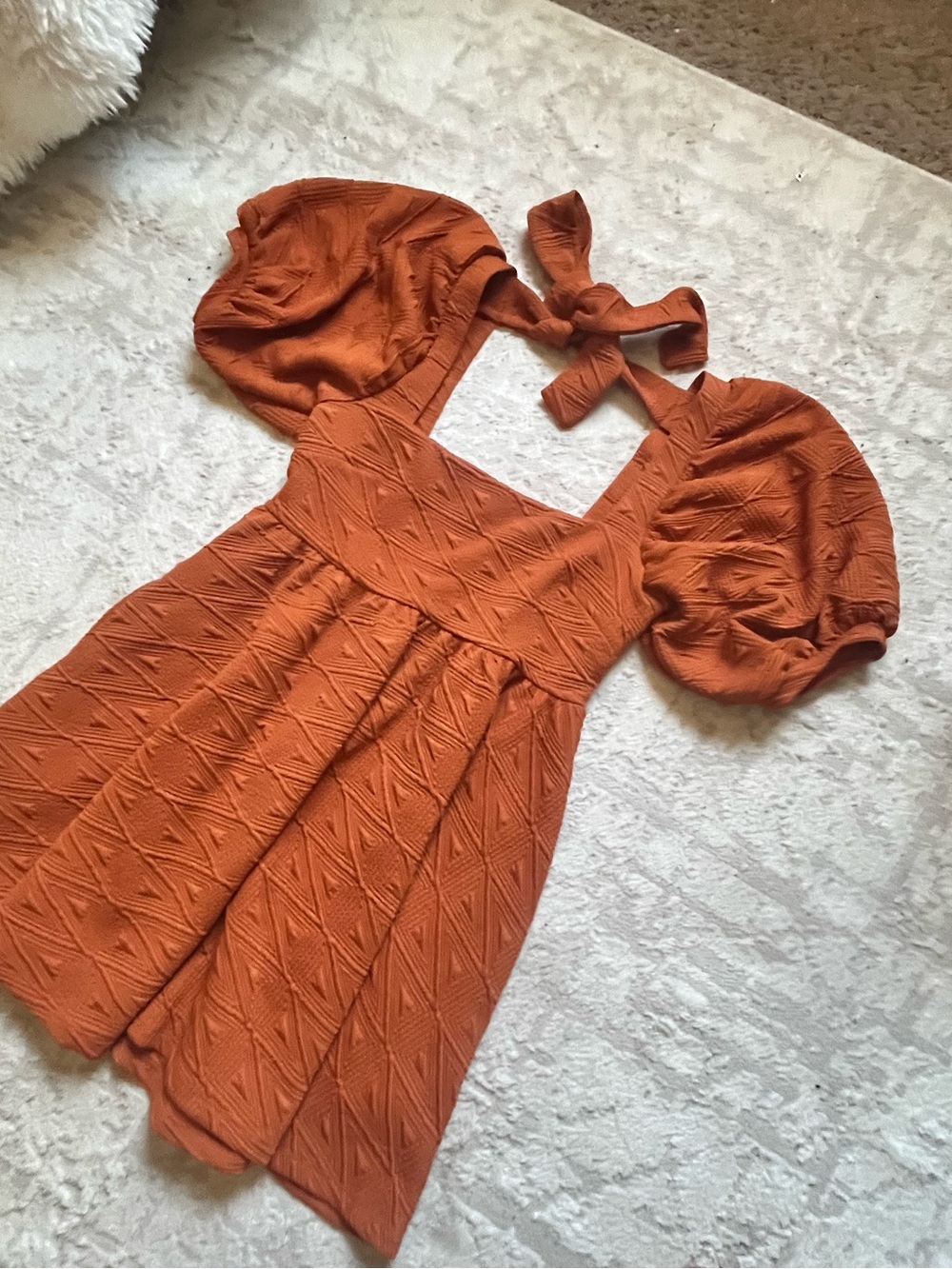 Free People Rust Orange Textured Puff-Sleeve Dress